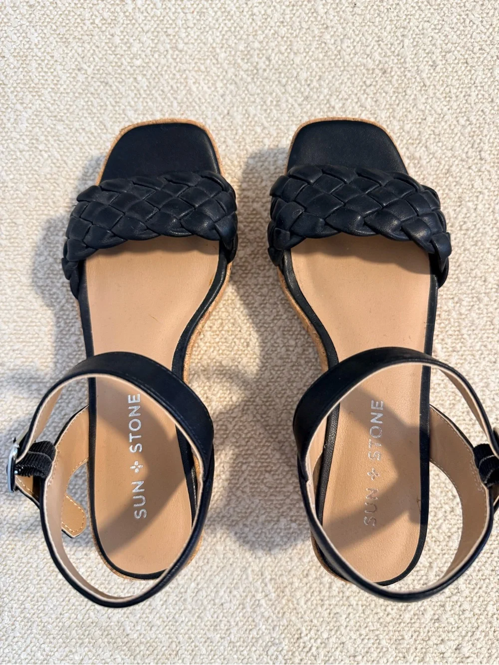 Black Woven Strap Cork Wedge Sandals with Ankle Buckle